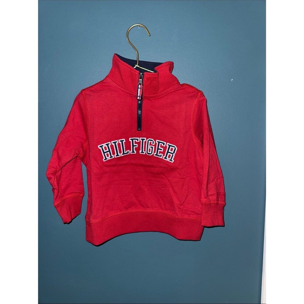 Tommy Hilfiger Red Half-Zip Sweatshirt with Navy Trim and Chest Logo